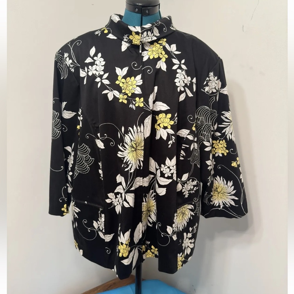 nancy bolen city girl Plus Black Floral Lined Stretch Zip Up Blazer Jacket Sz 3X